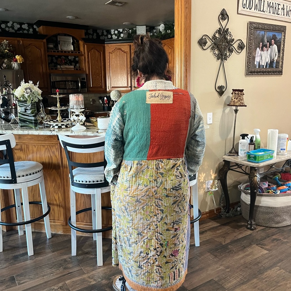NEW- Jaded Gypsy Boho Kantha Patchwork Long Coat - Multi Color - Picture 3 of 11